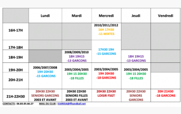 Planning des entraînements CORBAS 2020